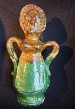 Rare Pichet Chevrette terre vernissée décor anthropomorphe, Pays d'Auge 1850