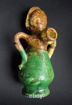 Rare Pichet Chevrette terre vernissée décor anthropomorphe, Pays d'Auge 1850