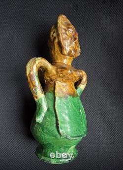 Rare Pichet Chevrette terre vernissée décor anthropomorphe, Pays d'Auge 1850