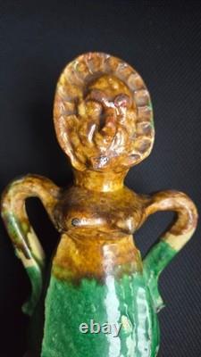 Rare Pichet Chevrette terre vernissée décor anthropomorphe, Pays d'Auge 1850