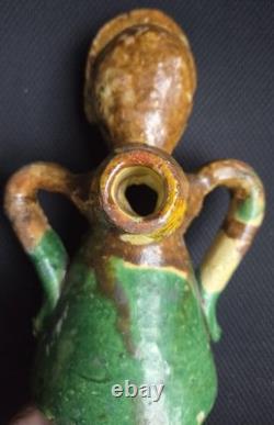 Rare Pichet Chevrette terre vernissée décor anthropomorphe, Pays d'Auge 1850