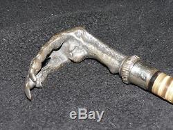 Rare ancienne canne en bronze argenté corne patte de coq vintage gadget cane