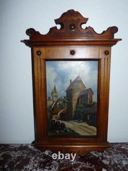 Rare boîte coffret armoire pour suspendre des clefs tableau peinture huile 19ème