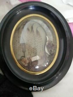 Reliquaire Cadre Souvenir 1858 Motifs En Cheveux Cadre Noir Verre Bombe