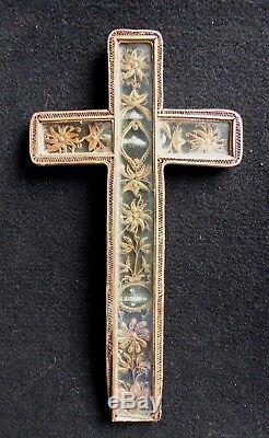 Reliquaire en Croix XVIIIe, Paperolles Dorées Sous Verre, Cruciform Reliquary