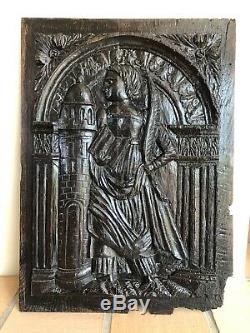 Sainte-Barbe, Panneau Haute-Epoque en bois sculpté, Renaissance, XVIe XVIIe
