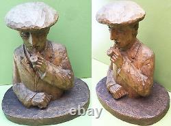 Sculpture Bois 40 CM Homme Basque Au Beret Fumant La Pipe Art Populaire