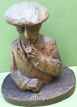 Sculpture Bois 40 CM Homme Basque Au Beret Fumant La Pipe Art Populaire