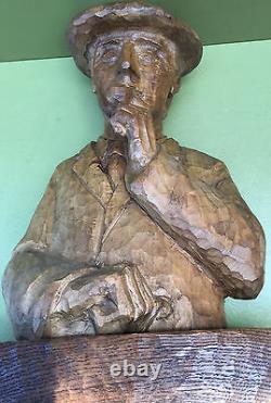 Sculpture Bois 40 CM Homme Basque Au Beret Fumant La Pipe Art Populaire