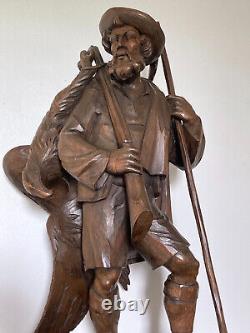 Sculpture ancienne en bois Forêt Noire Chasseur / Swiss, Germany hunter eagle
