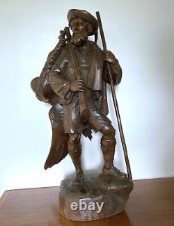 Sculpture ancienne en bois Forêt Noire Chasseur / Swiss, Germany hunter eagle