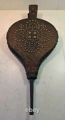 Soufflet Cheminée en Bois Et Cuir Orné Laiton Fonctionne Ancien Rare Feu Vintage