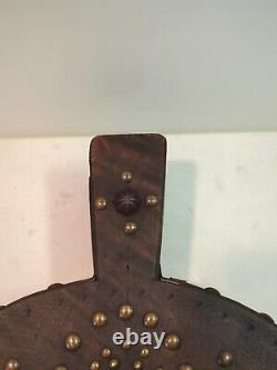 Soufflet Cheminée en Bois Et Cuir Orné Laiton Fonctionne Ancien Rare Feu Vintage
