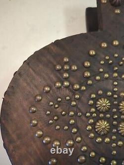 Soufflet Cheminée en Bois Et Cuir Orné Laiton Fonctionne Ancien Rare Feu Vintage