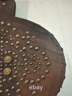 Soufflet Cheminée en Bois Et Cuir Orné Laiton Fonctionne Ancien Rare Feu Vintage