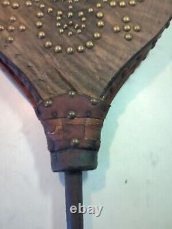 Soufflet Cheminée en Bois Et Cuir Orné Laiton Fonctionne Ancien Rare Feu Vintage