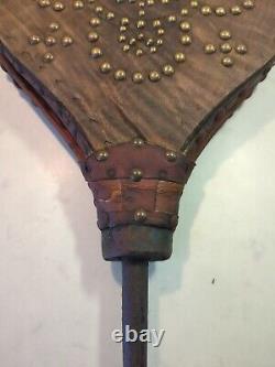Soufflet Cheminée en Bois Et Cuir Orné Laiton Fonctionne Ancien Rare Feu Vintage