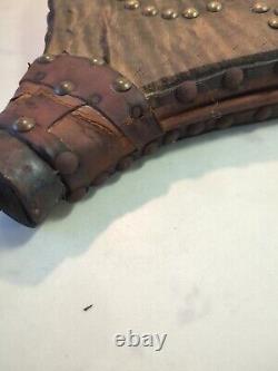 Soufflet Cheminée en Bois Et Cuir Orné Laiton Fonctionne Ancien Rare Feu Vintage