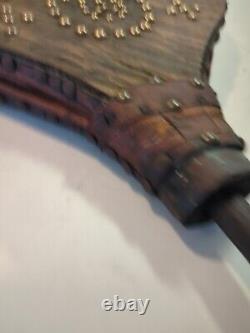 Soufflet Cheminée en Bois Et Cuir Orné Laiton Fonctionne Ancien Rare Feu Vintage