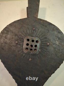 Soufflet Cheminée en Bois Et Cuir Orné Laiton Fonctionne Ancien Rare Feu Vintage