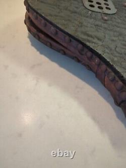 Soufflet Cheminée en Bois Et Cuir Orné Laiton Fonctionne Ancien Rare Feu Vintage
