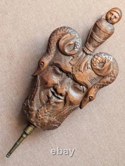 Soufflet de cheminée masques auriculaires style baroque, bois noyer sculpté, 19è