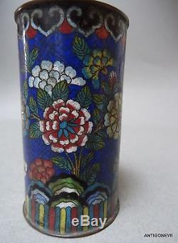 Superbe Pot A Pinceaux Emaux Cloisonnes, Bitong, Riche Decor Fleuri Chine