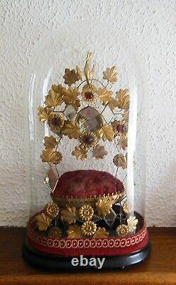 Superbe ancien globe de marié, décoré d'oiseaux et fleurs Napoléon III