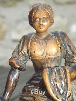 Superbe ancien pyrogène bois finement sculpté femme art populaire XIXe tilleul