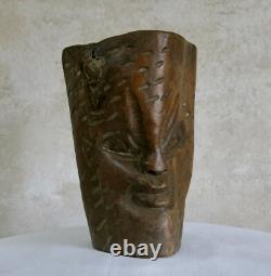 TETE VISAGE en BOIS, artiste, objet ethnique, art populaire, sculpture, signé