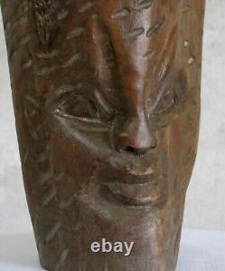 TETE VISAGE en BOIS, artiste, objet ethnique, art populaire, sculpture, signé