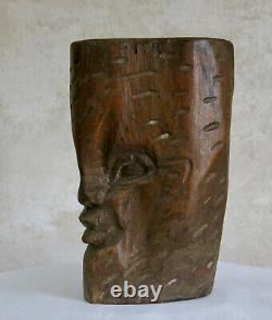 TETE VISAGE en BOIS, artiste, objet ethnique, art populaire, sculpture, signé
