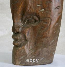 TETE VISAGE en BOIS, artiste, objet ethnique, art populaire, sculpture, signé