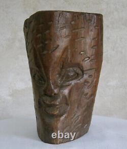 TETE VISAGE en BOIS, artiste, objet ethnique, art populaire, sculpture, signé