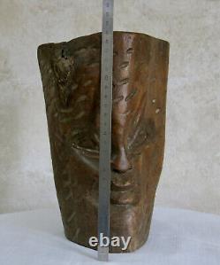 TETE VISAGE en BOIS, artiste, objet ethnique, art populaire, sculpture, signé
