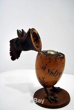 TRES RARE ENCRIER coq oeuf bois sculpté FORET NOIRE Brienz XIXe à votre santé