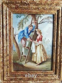 Tableau ancien peinture sur porcelaine, scène galante signée