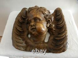 Tête d'ange Cherubin. Sculpture d'applique bois. Epoque 17ème. Antique wood angel