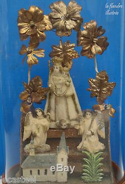 Vierge à l'enfant en pâte à sel sous petit globe art populaire religieux 19ème